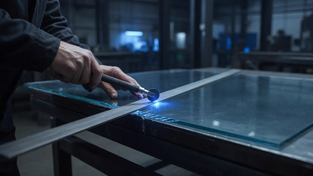 Glaszuschnitt mit Glasschneider und Anschlag auf der Werkbank